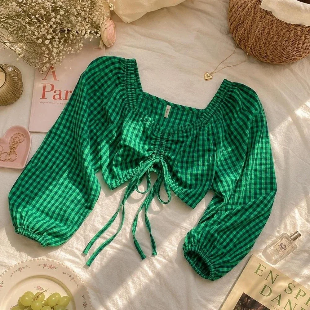 Spell green top Cottagecore Green Gingham Tie Front Crop Top